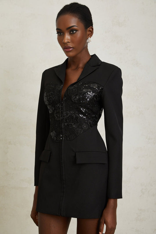 Caterinella Black Lace Sequin Panel Blazer Mini Dress