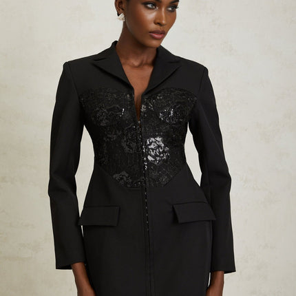 Caterinella Black Lace Sequin Panel Blazer Mini Dress