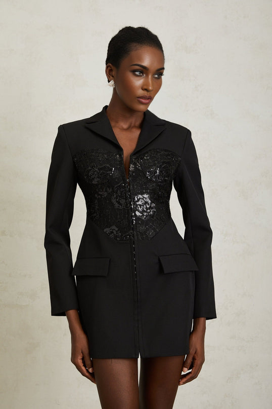 Caterinella Black Lace Sequin Panel Blazer Mini Dress