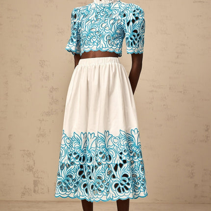 Caterinella Blue White Flower Embroidered Matching Outfit Skirt Top Set