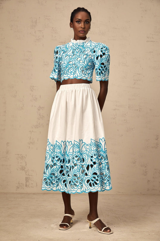 Caterinella Blue White Flower Embroidered Matching Outfit Skirt Top Set