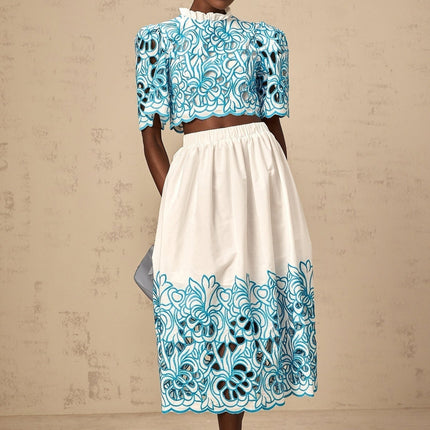 Caterinella Blue White Flower Embroidered Matching Outfit Skirt Top Set