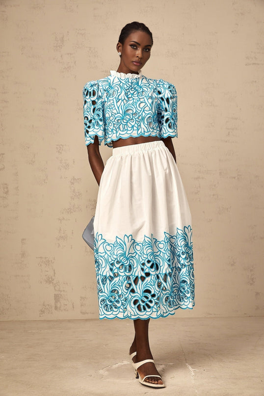 Caterinella Blue White Flower Embroidered Matching Outfit Skirt Top Set