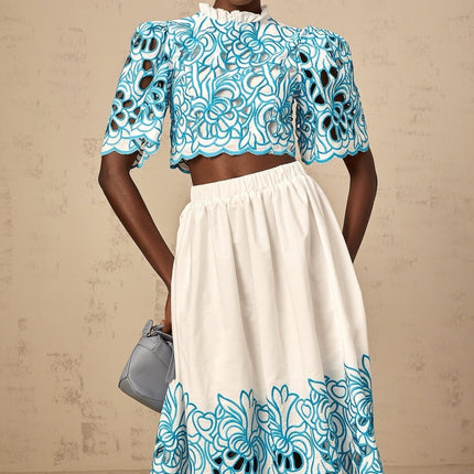 Caterinella Blue White Flower Embroidered Matching Outfit Skirt Top Set