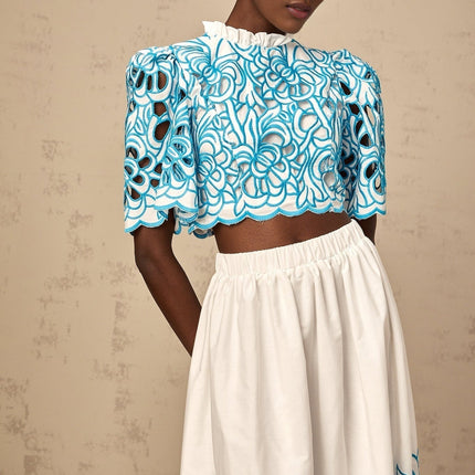 Caterinella Blue White Flower Embroidered Matching Outfit Skirt Top Set