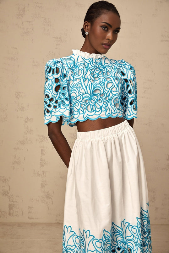 Caterinella Blue White Flower Embroidered Matching Outfit Skirt Top Set