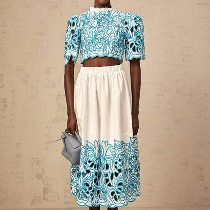 Caterinella Blue White Flower Embroidered Matching Outfit Skirt Top Set