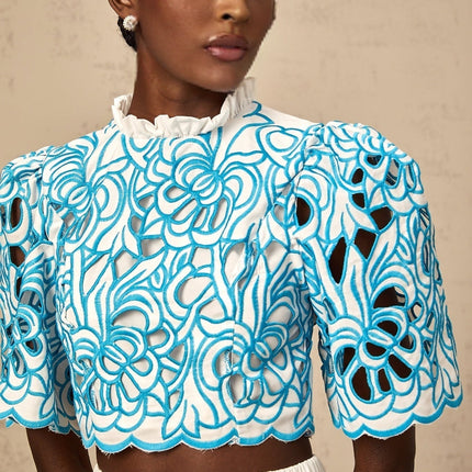 Caterinella Blue White Flower Embroidered Matching Outfit Skirt Top Set