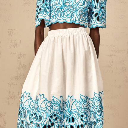 Caterinella Blue White Flower Embroidered Matching Outfit Skirt Top Set