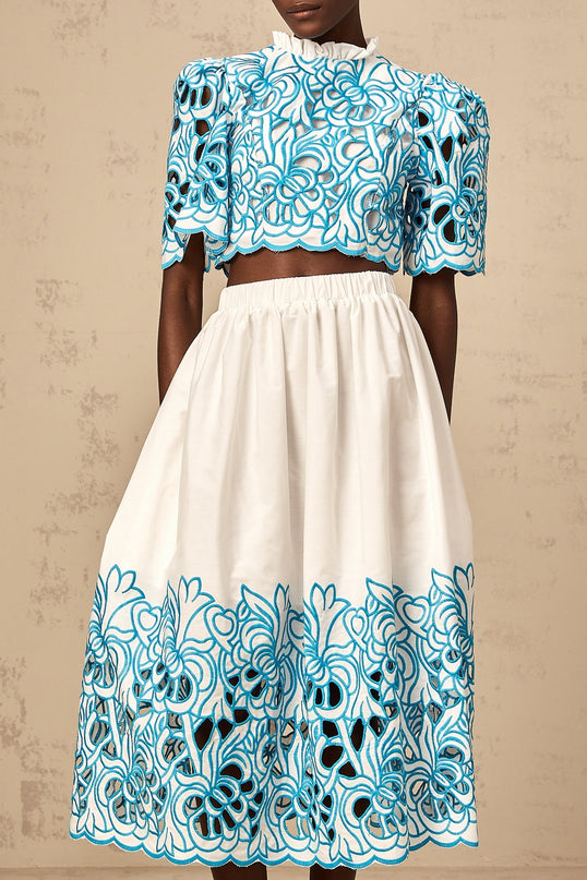 Caterinella Blue White Flower Embroidered Matching Outfit Skirt Top Set