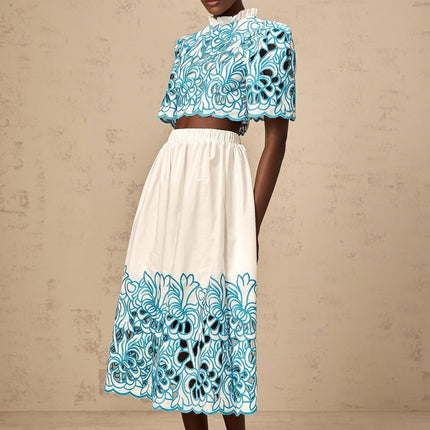 Caterinella Blue White Flower Embroidered Skirt Top Set