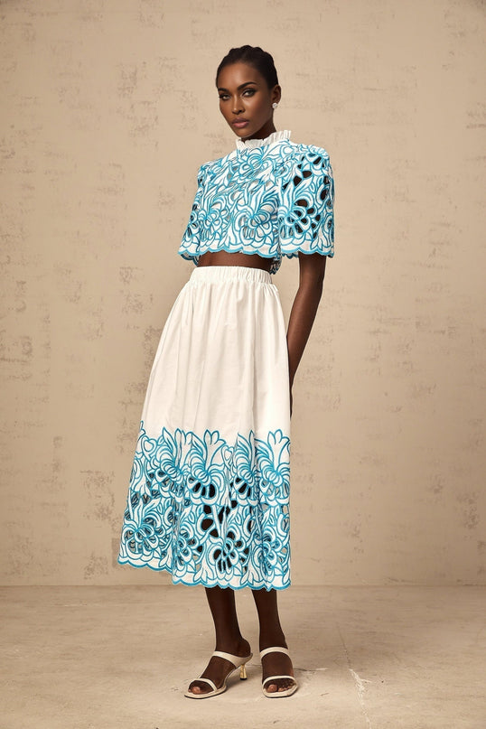 Caterinella Blue White Flower Embroidered Skirt Top Set