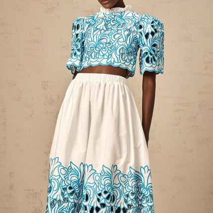 Caterinella Blue White Flower Embroidered Skirt Top Set