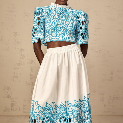Caterinella Blue White Flower Embroidered Skirt Top Set