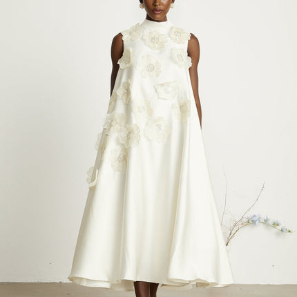 Caterinella Cream White Floral Midi Dress 100% Polyester Sleeveless A-line with Floral Appliqués and Bead Embellishments Crew Neck Rear Zip Fastening Midi Length Size M Model 5'10 Chic Femininity