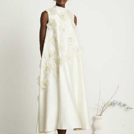 Caterinella Cream White Floral Midi Dress Polyester A-line Sleeveless Bead Embellishments Crew Neck Rear Zip Fastening Midi Length 5'10 Model Size M