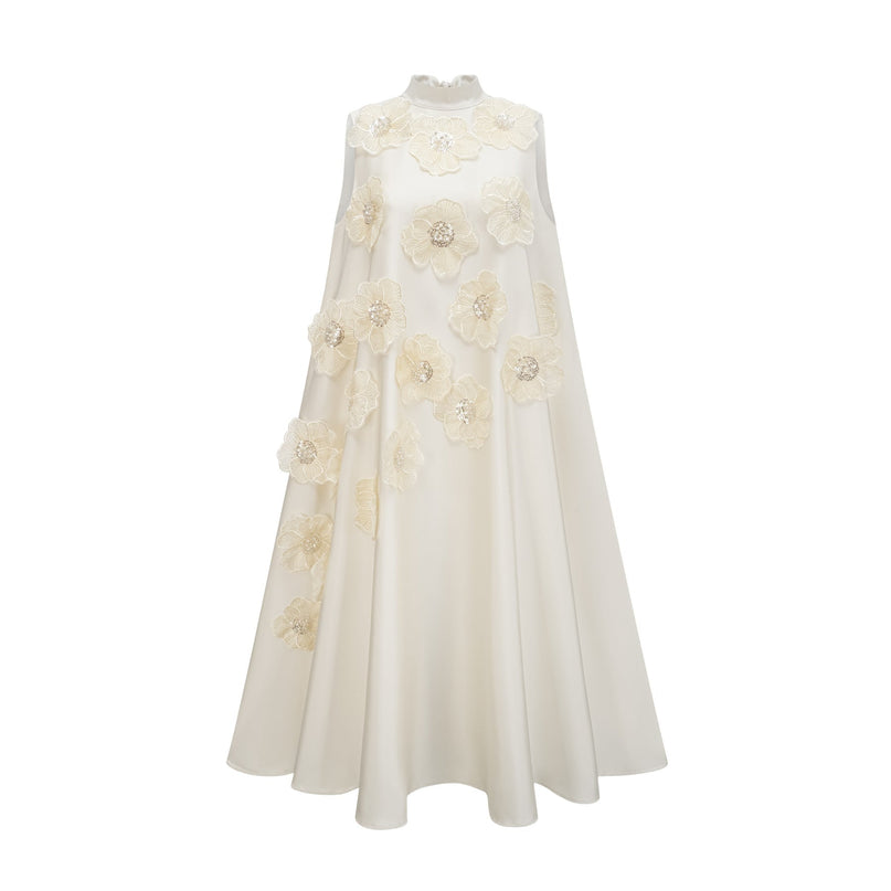 Caterinella Cream White Floral Midi Dress 100 Percent Polyester Sleeveless A-Line Crew Neck Bead Embellishments Size M Model 5'10