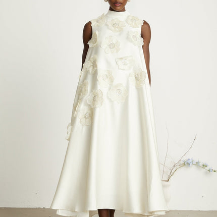 Caterinella Floral Midi Dress Cream White Polyester Sleeveless A-line Dress Floral Appliqués Bead Embellishments Crew Neck Rear Zip Fastening Midi Length 5'10" Model Size M Chic Femininity