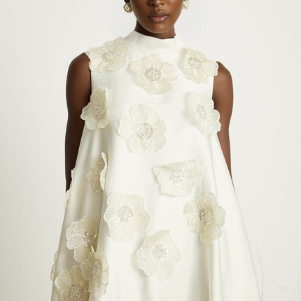Caterinella Floral Midi Dress Cream White Polyester Sleeveless A-line Dress