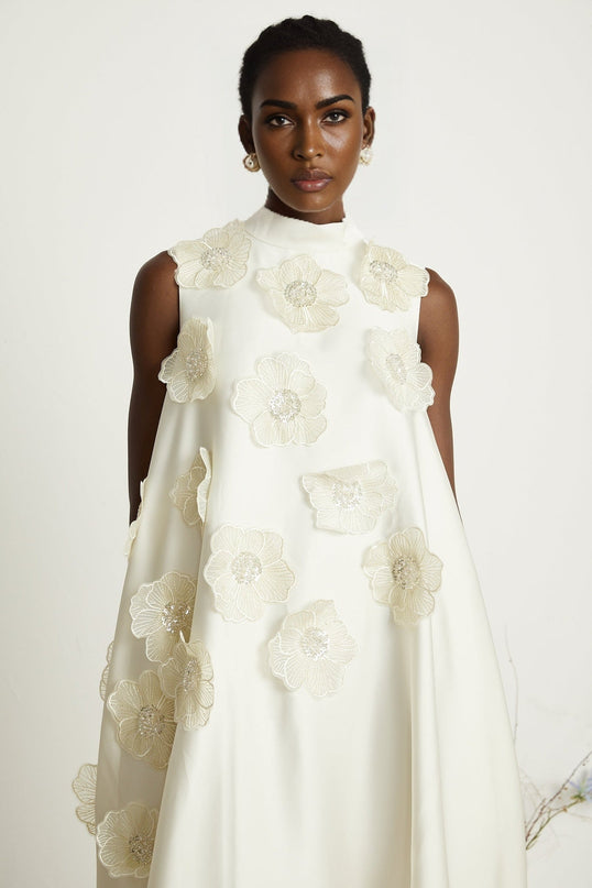 Caterinella Floral Midi Dress Cream White Polyester Sleeveless A-line Dress