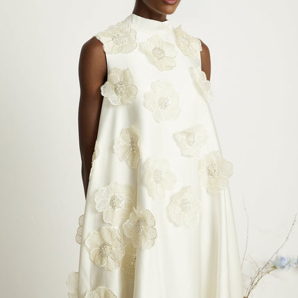 Caterinella Floral Midi Dress Cream White 100% Polyester Sleeveless A-line with Floral Appliqués and Bead Embellishments Crew Neck Rear Zip Fastening Midi Length Size M Model 5'10