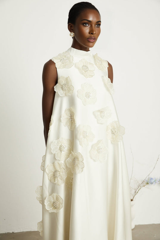 Caterinella Floral Midi Dress Cream White 100% Polyester Sleeveless A-line with Floral Appliqués and Bead Embellishments Crew Neck Rear Zip Fastening Midi Length Size M Model 5'10