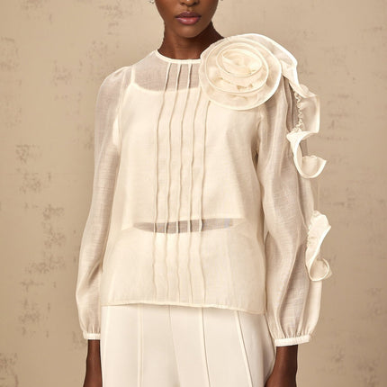 Caterinella Neutrals 3D Flower Blouse Crew Neck Puff Sleeves Tuck Detailing Rear Zip Fastening Terylene Fiber