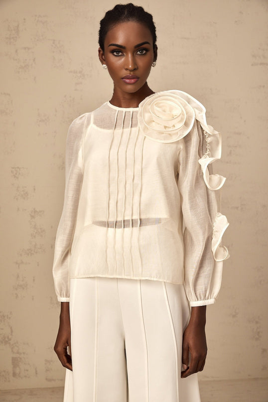 Caterinella Neutrals 3D Flower Blouse Crew Neck Puff Sleeves Tuck Detailing Rear Zip Fastening Terylene Fiber
