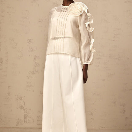 Caterinella Neutrals 3D Flower Blouse Crew Neck Puff Sleeves Tuck Detailing Rear Zip Fastening