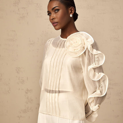 Caterinella Neutrals 3D Flower Blouse Crew Neck Puff Sleeves Tuck Detailing Semi-Sheer Internal Slip Top Rear Zip Fastening Terylene Fiber