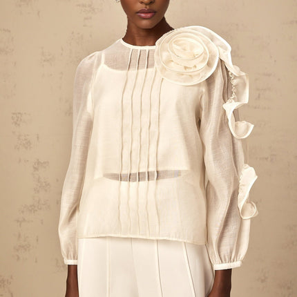 Caterinella Neutrals 3D Flower Blouse Crew Neck Puff Sleeves Tuck Detailing Rear Zip Fastening