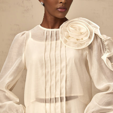 Caterinella Neutrals 3D Flower Blouse Crew Neck Puff Sleeves Tuck Detailing Rear Zip Fastening Terylene Fiber