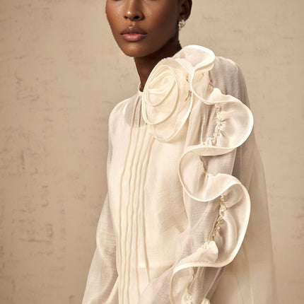 Caterinella Neutrals 3D Flower Blouse Crew Neck Puff Sleeves Tuck Detailing