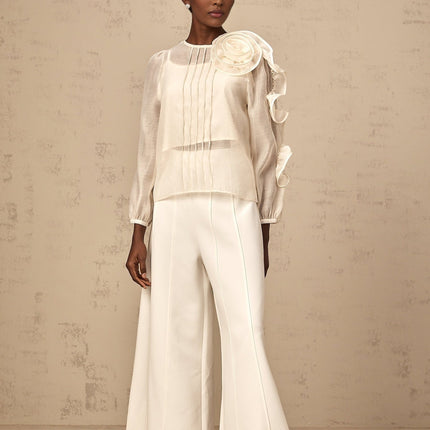 Caterinella Neutrals 3D Flower Detail Blouse Crew Neck Long Puff Sleeves Tuck Detailing Semi-Sheer Rear Zip Fastening