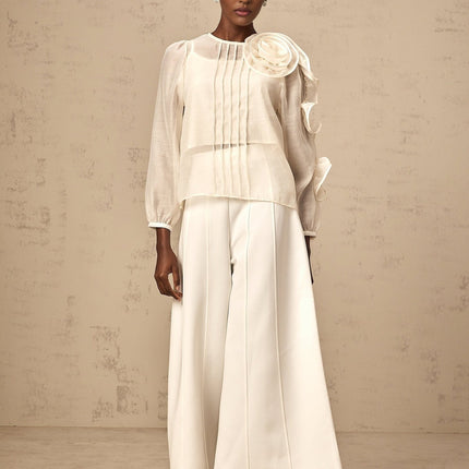 Caterinella Neutrals 3D Flower Semi-Sheer Blouse Crew Neck Puff Sleeves Tuck Detailing Rear Zip Fastening Terylene Fiber