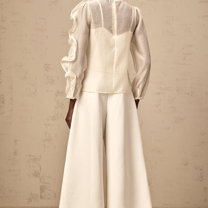 Caterinella Neutrals 3D Flower Detail Blouse Crew Neck Puff Sleeves Tuck Detailing Semi-Sheer Elegant Women's Top