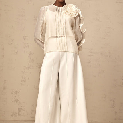 Caterinella Neutrals 3D Flower Detail Blouse Crew Neck Puff Sleeves Tuck Detailing Rear Zip Fastening Terylene Fiber