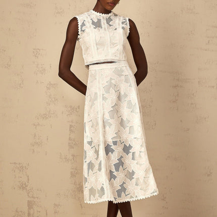 Caterinella White Floral Embroidered Top and Skirt Set