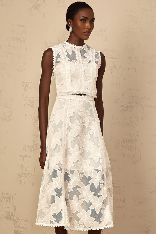 Caterinella White Floral Embroidered Top Skirt Set
