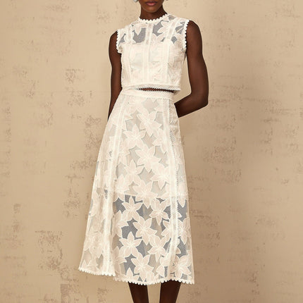Caterinella White Floral Embroidered Top Skirt Set
