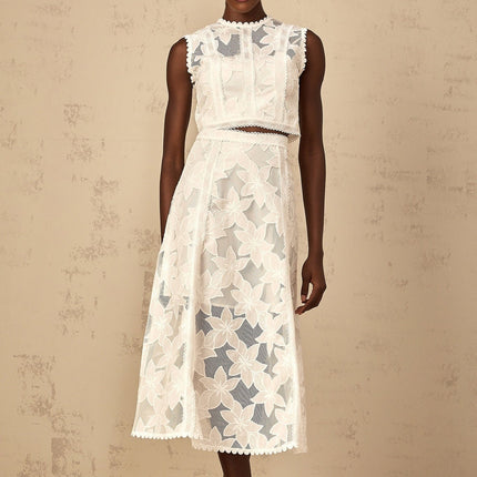 Caterinella White Floral Embroidery Top Skirt Set