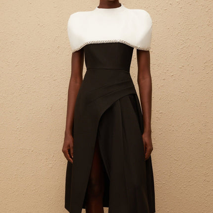Catherine Black Color Block Dress with Crystal and Faux-Pearl Embellishments
