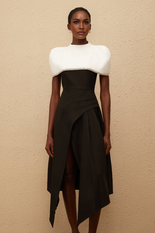 Catherine Black Color Block Dress with Crystal and Faux-Pearl Embellishments