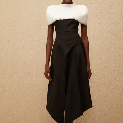 Catherine Black Color Block Dress with Crystal and Faux-Pearl Embellishments