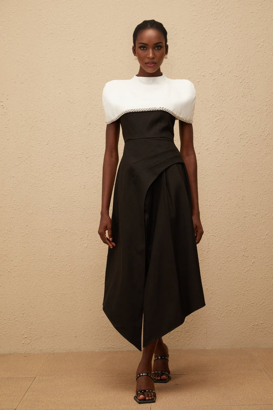 Catherine Black Color Block Dress with Crystal and Faux-Pearl Embellishments