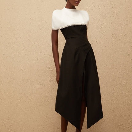 Catherine Black Color Block Midi Dress with Crystal and Faux-Pearl Embellishments