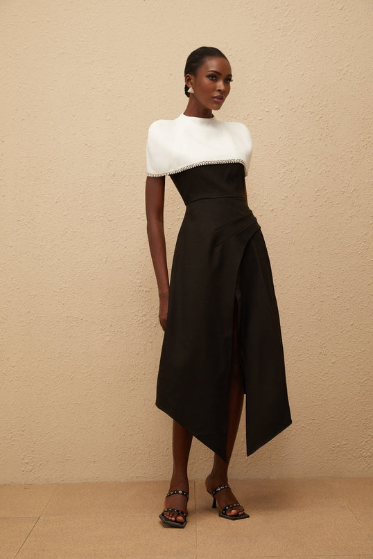 Catherine Black Color Block Midi Dress with Crystal and Faux-Pearl Embellishments