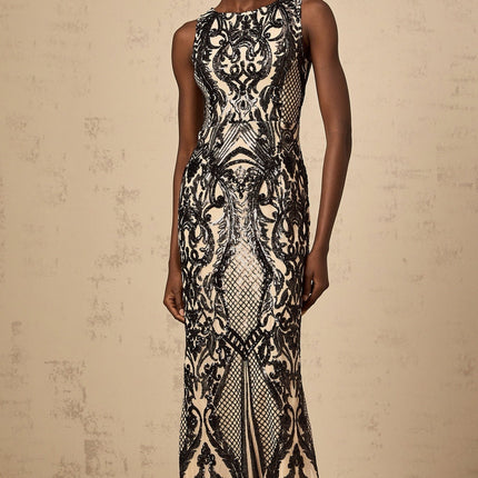 Catherine Black Mesh Paisley Jacquard Sequin Maxi Dress