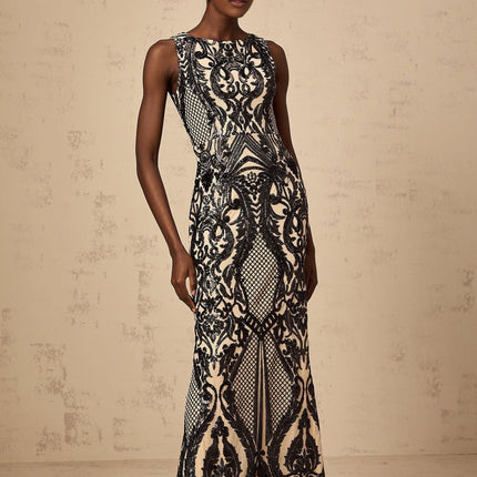 Catherine Black Paisley Jacquard Mesh Sleeveless Maxi Dress