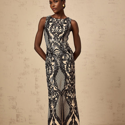 Catherine Black Paisley Jacquard Sequin Maxi Dress